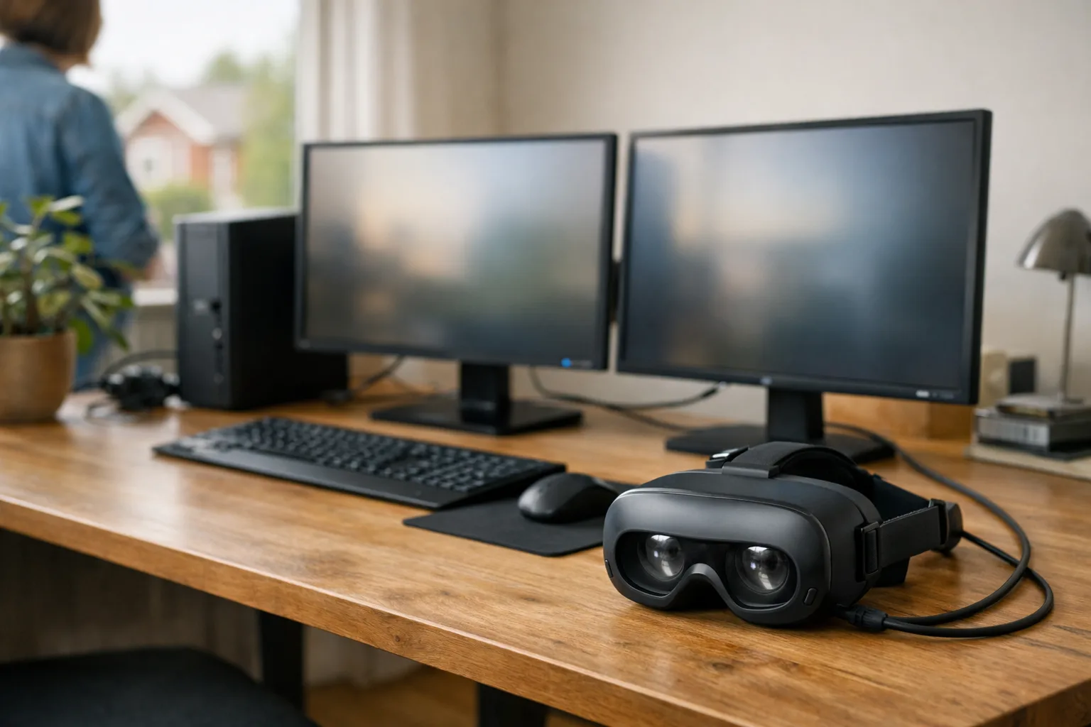 VR-headset med kabel på ett skrivbord bredvid en stationär dator.