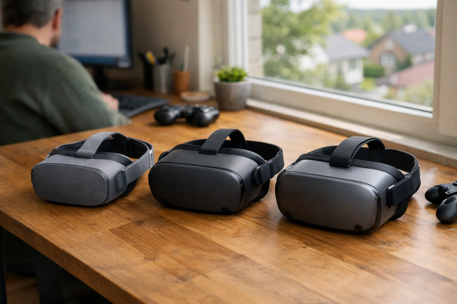 Tre VR-headset uppradade på ett träskrivbord vid ett fönster.
