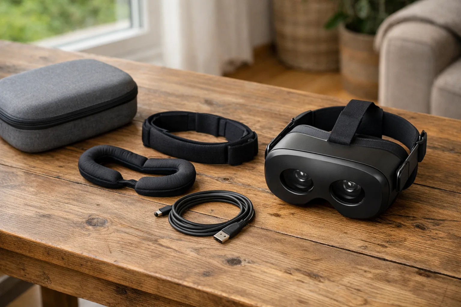 Tillbehör till VR-headset, som huvudrem, ansiktsskum och laddkabel, på ett träbord.