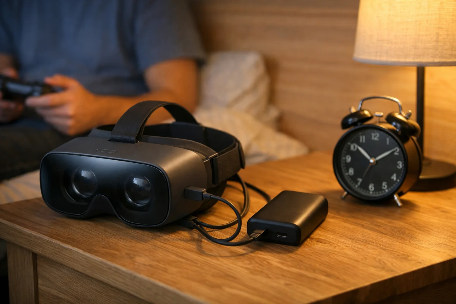 VR-headset som laddas med kabel och powerbank på ett sängbord.