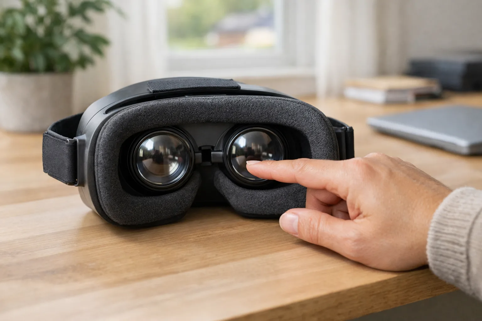 Hand som visar de två linserna på insidan av ett VR-headset.