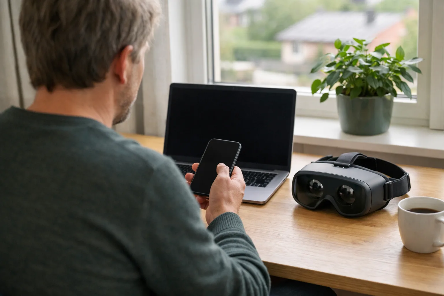 Person vid ett skrivbord med telefon och laptop bredvid ett VR-headset.