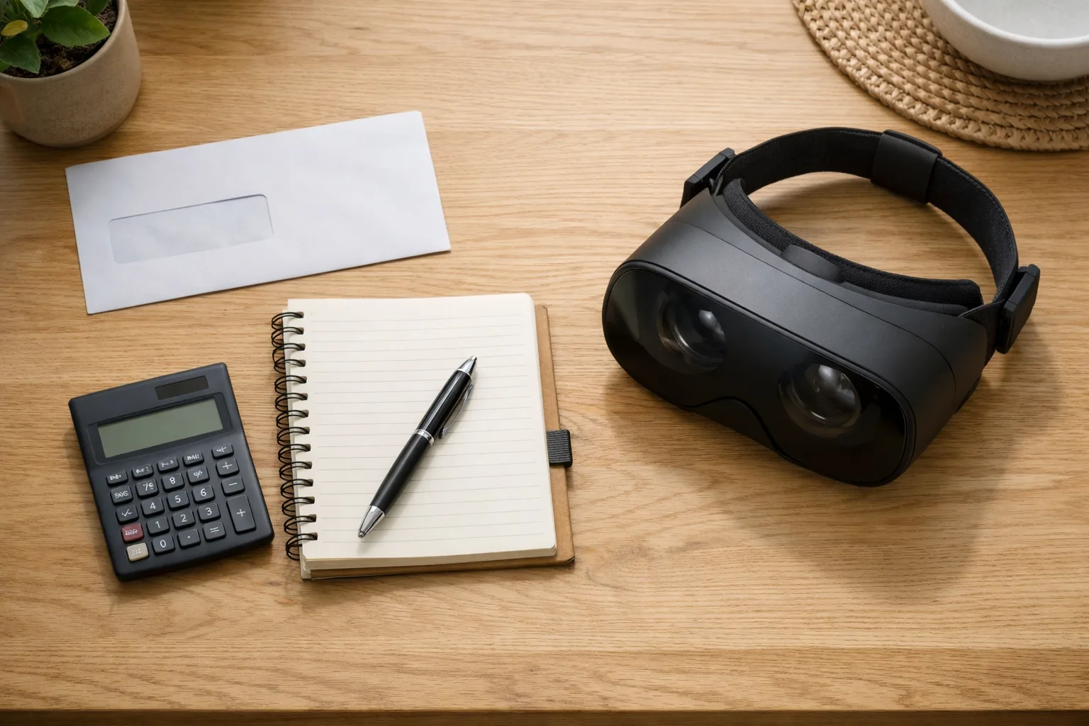 Anteckningsbok och räknare bredvid ett VR-headset på ett köksbord.