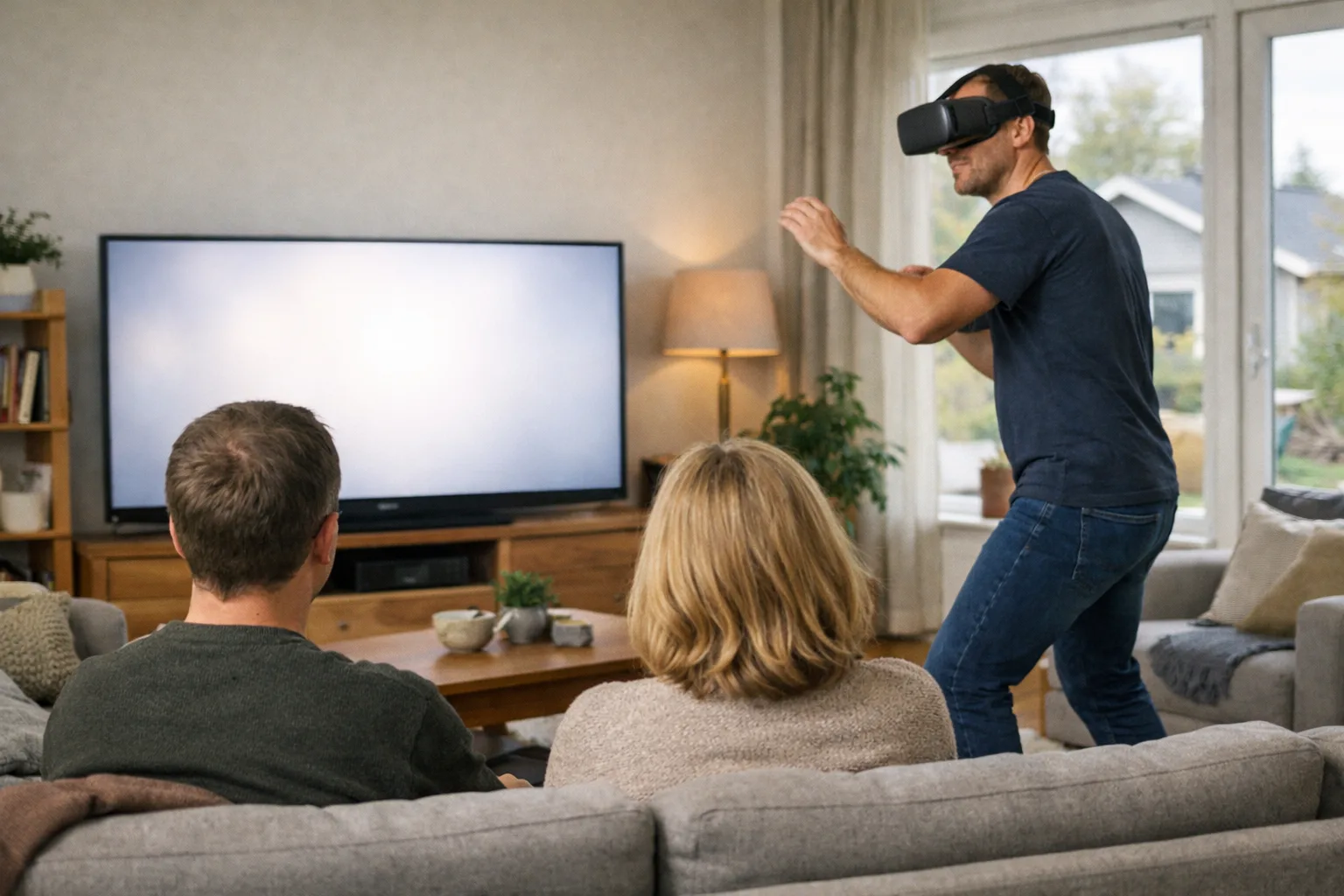 Två personer i soffan tittar på en TV medan en tredje spelar med VR-headset.