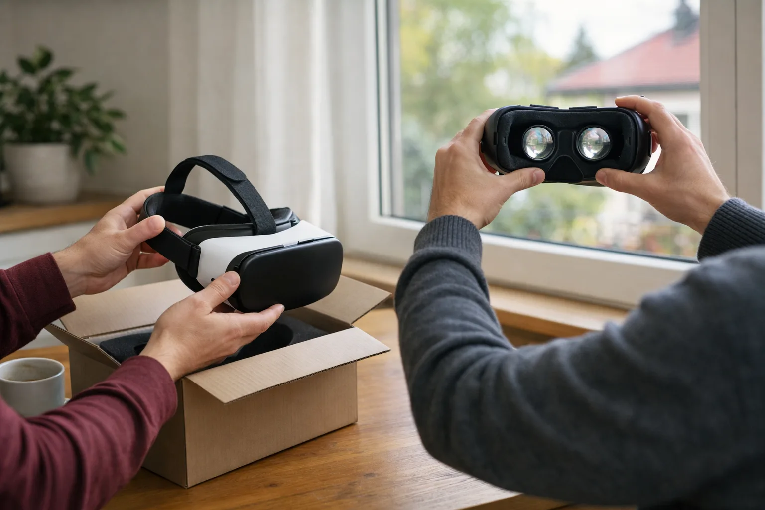 Person som granskar linserna på ett begagnat VR-headset vid ett köksbord.