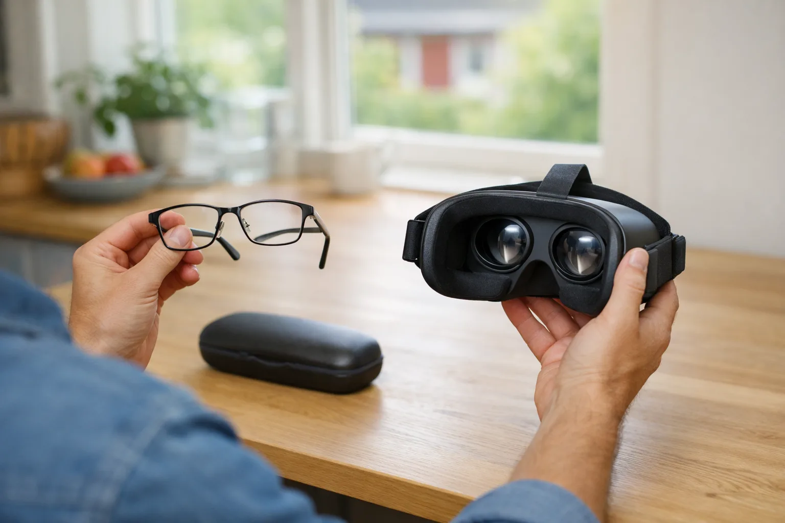 Person som håller glasögon och VR-headset sida vid sida vid ett bord.
