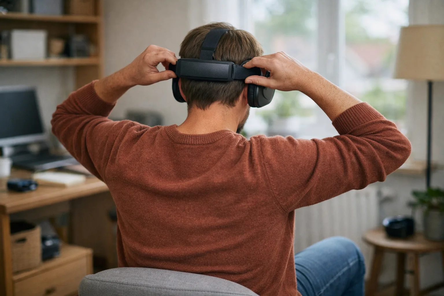 Person bakifrån som justerar en stoppad huvudrem på ett VR-headset.