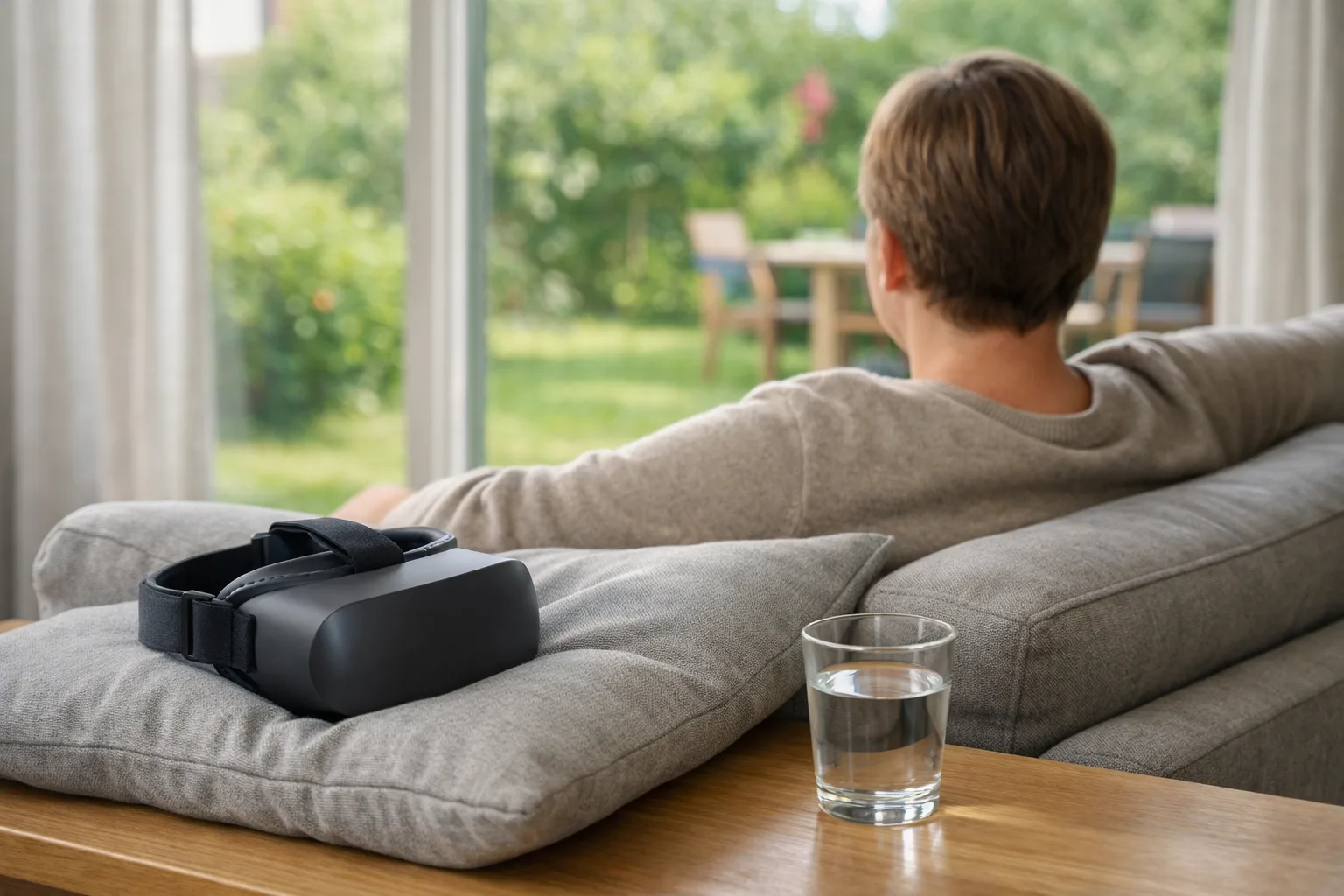 Person i en soffa som vilar blicken mot ett fönster med ett VR-headset på kudden bredvid.