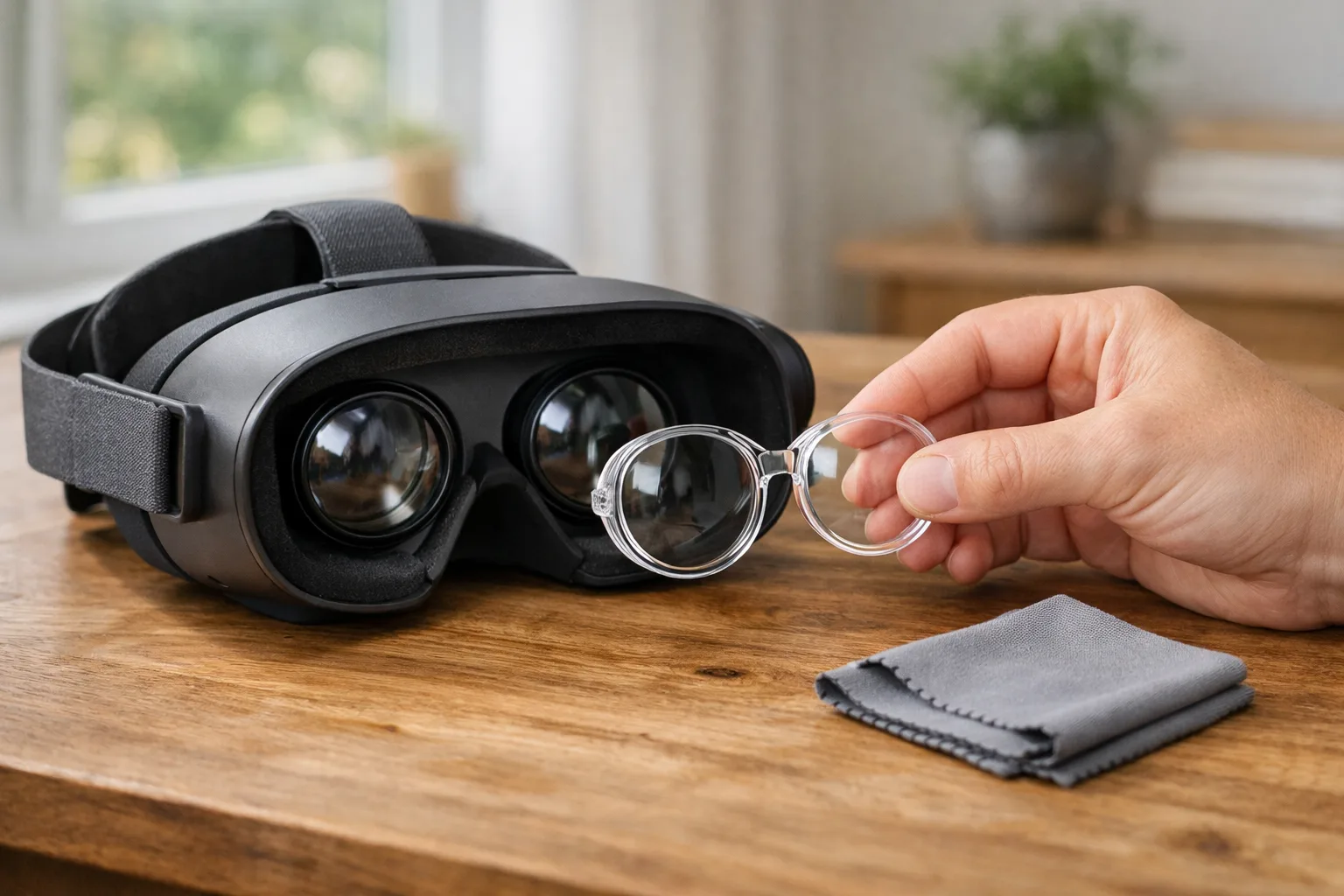 Hand som sätter ett par linsinsatser framför linserna på ett VR-headset.
