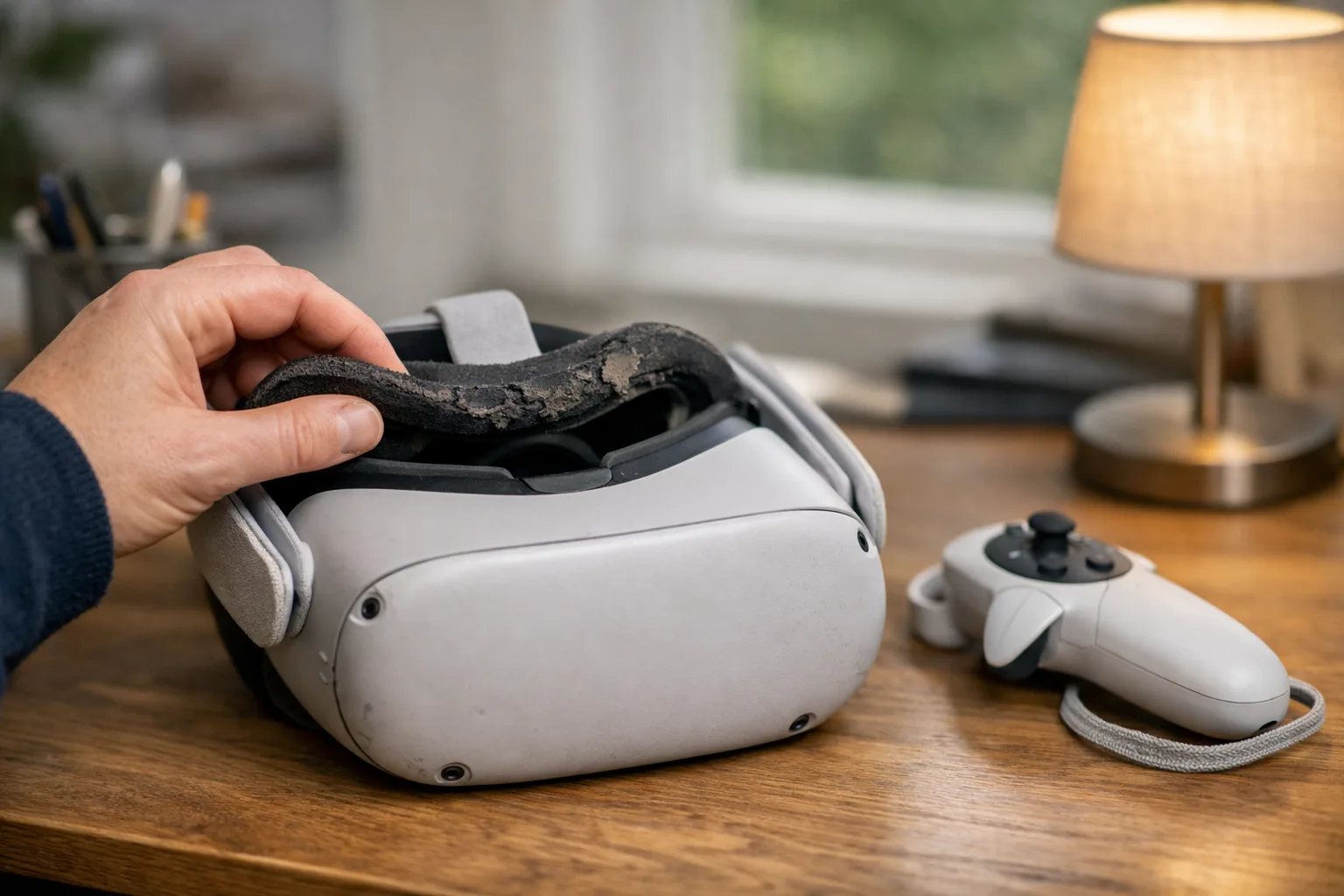 Hand som kontrollerar ansiktsskummet på ett äldre VR-headset på ett skrivbord.