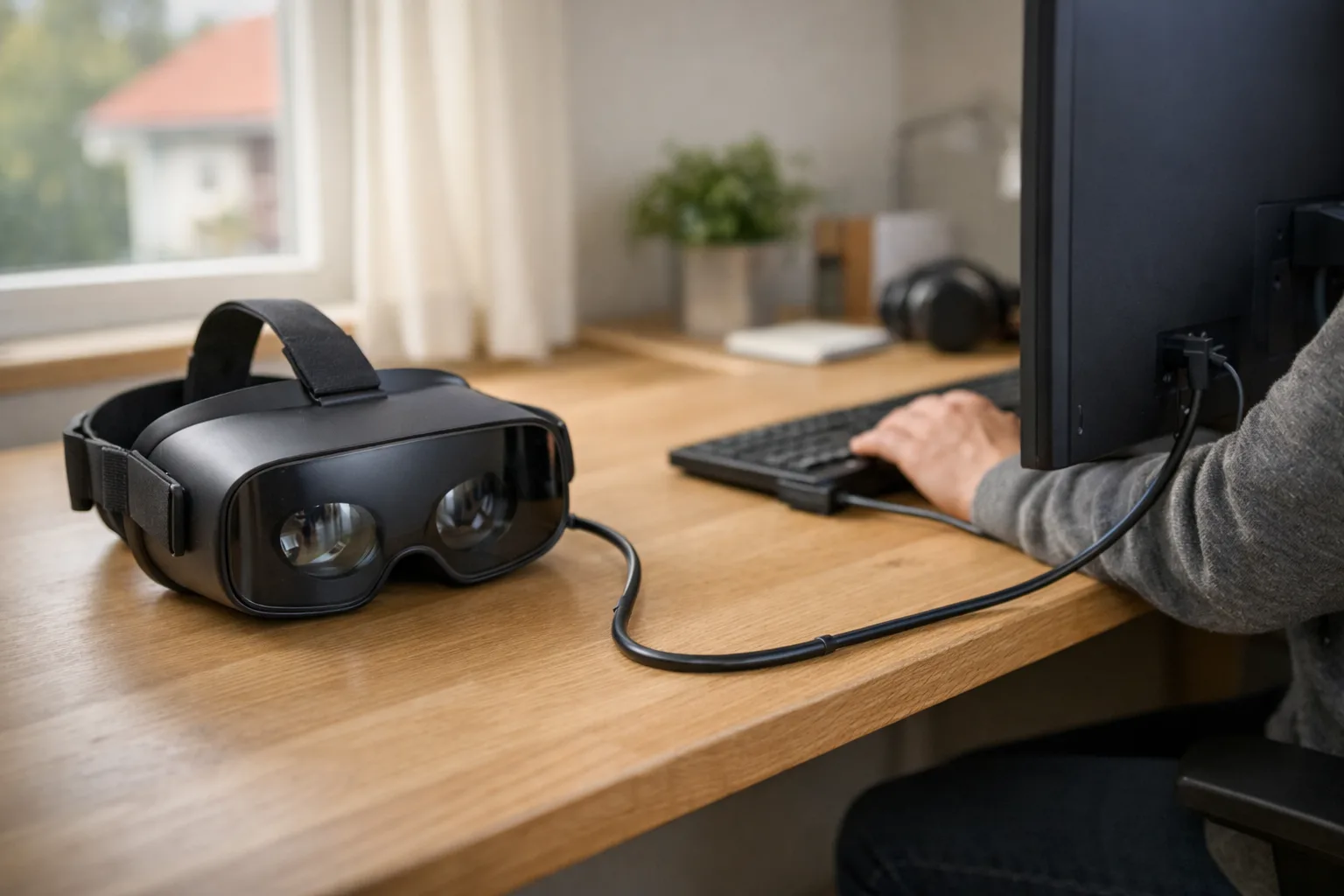 Kabel mellan ett VR-headset och en dator på ett skrivbord.