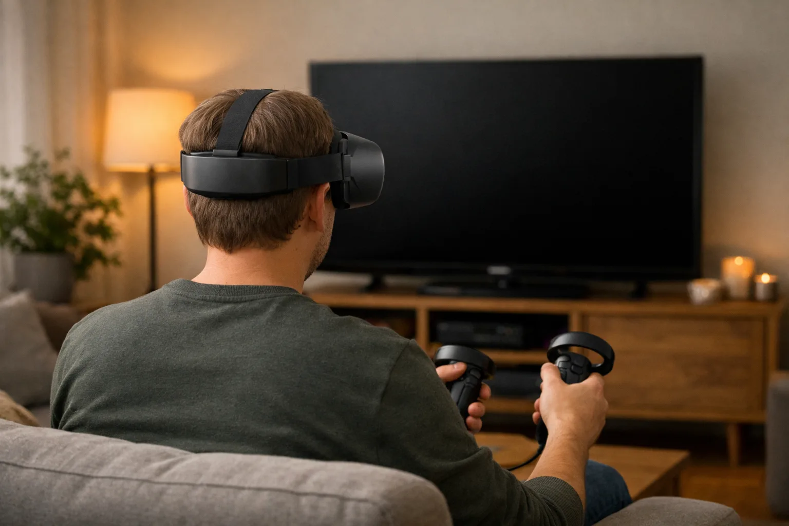 Person bakifrån med VR-headset i ett vardagsrum under en spelkväll.