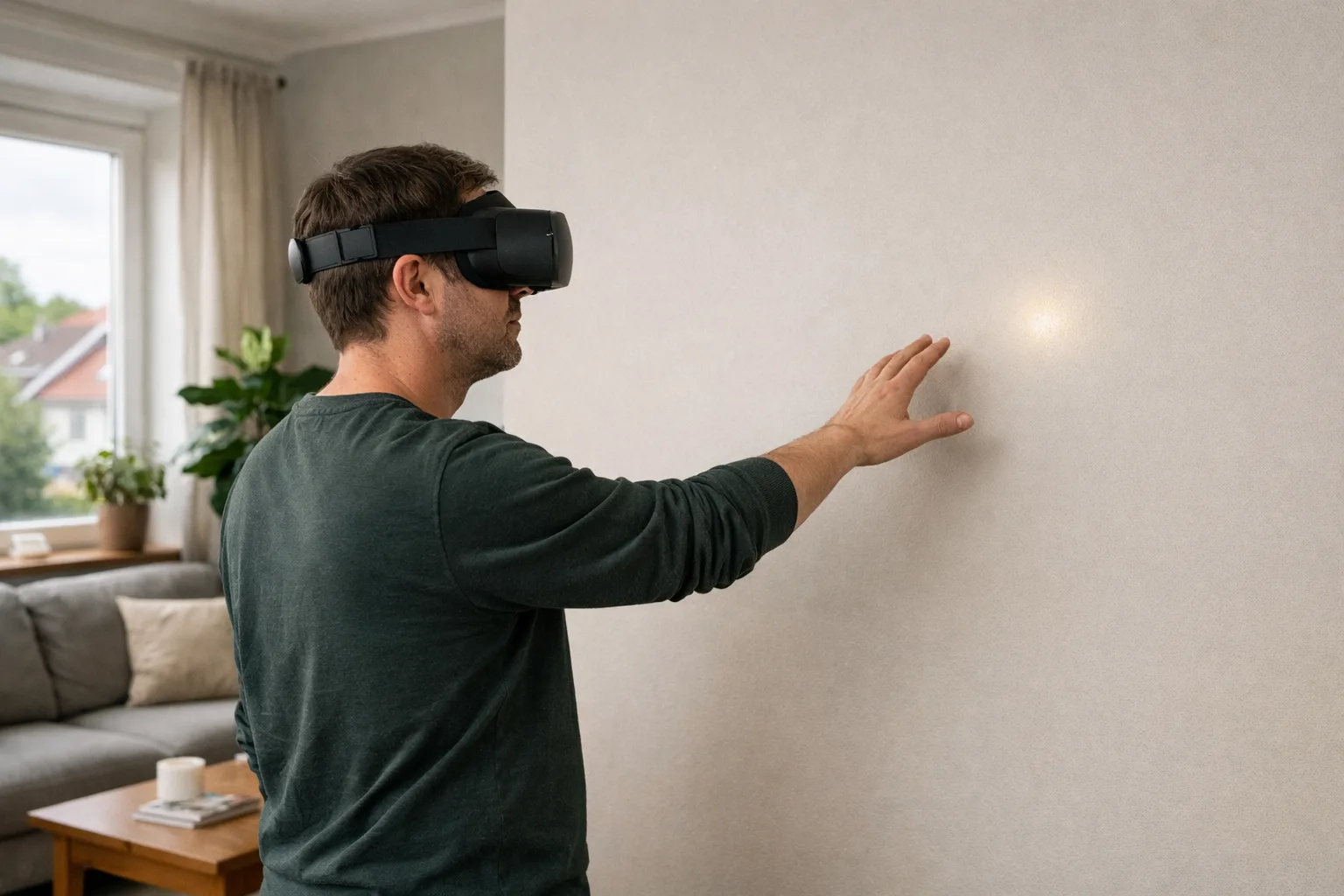 Person med VR-headset i ett vardagsrum, med rummet synligt runt omkring.
