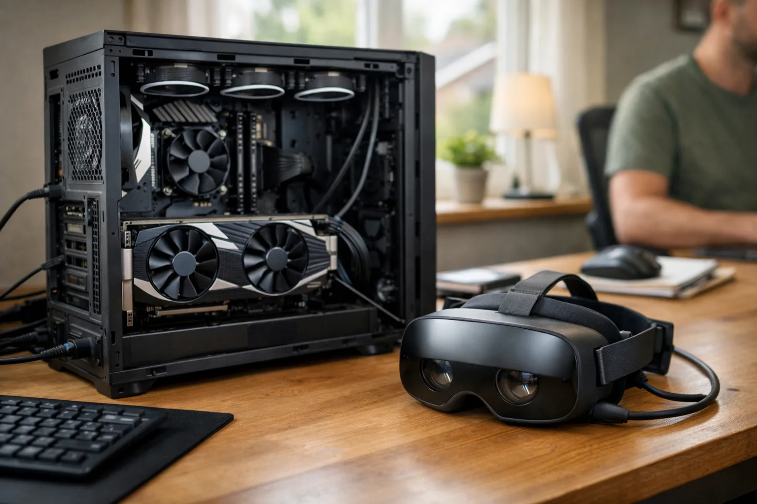 Öppen dator med grafikkort bredvid ett kabelanslutet VR-headset på ett skrivbord.