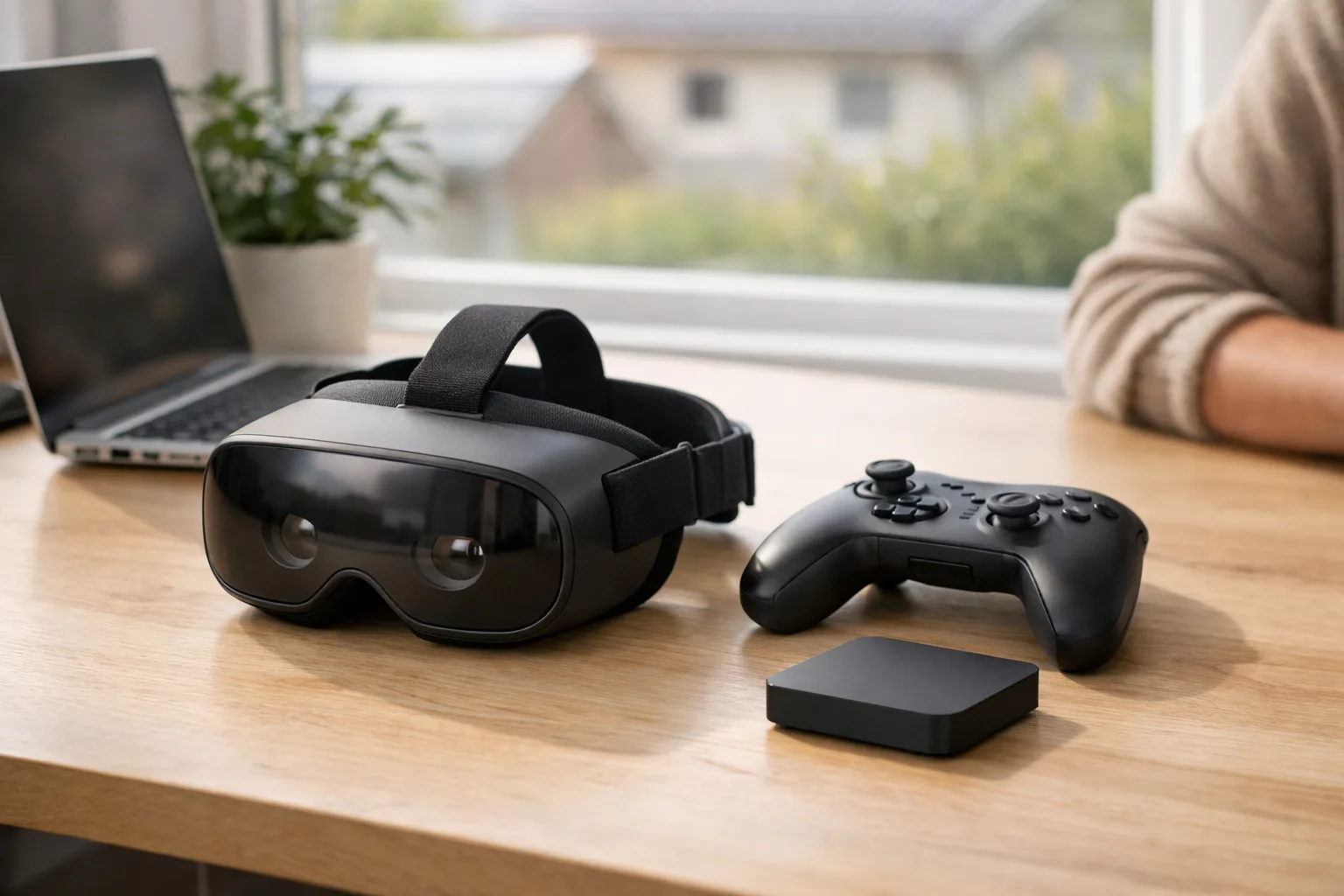 VR-headset och handkontroll på ett skrivbord bredvid en laptop.