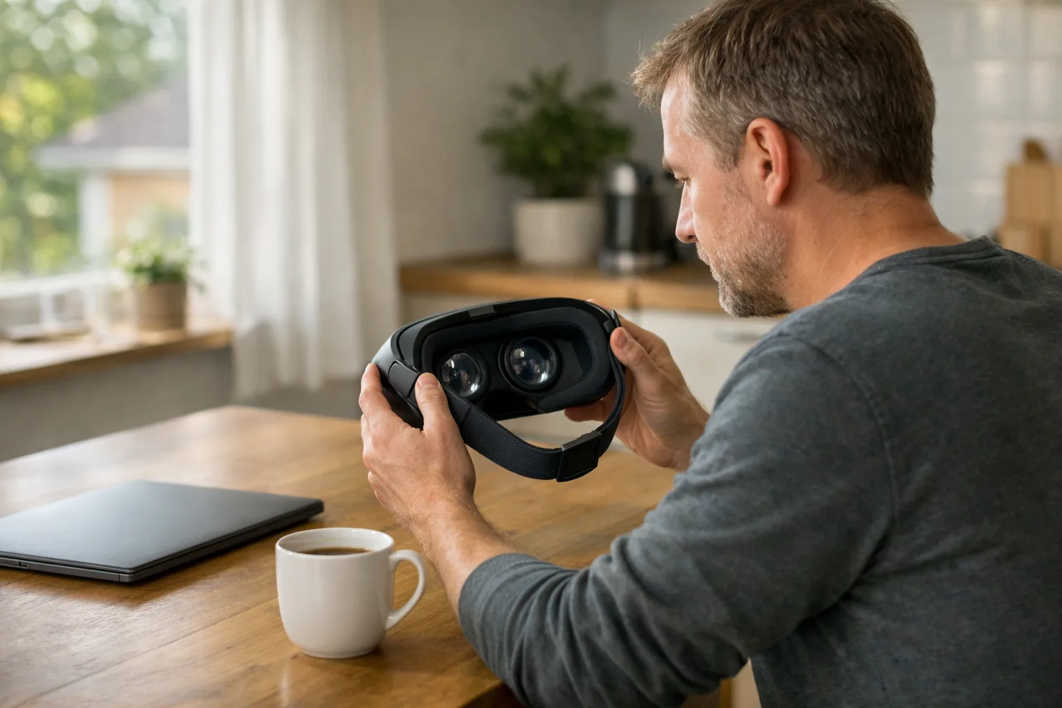 Person vid ett köksbord som tittar på linserna på ett VR-headset.