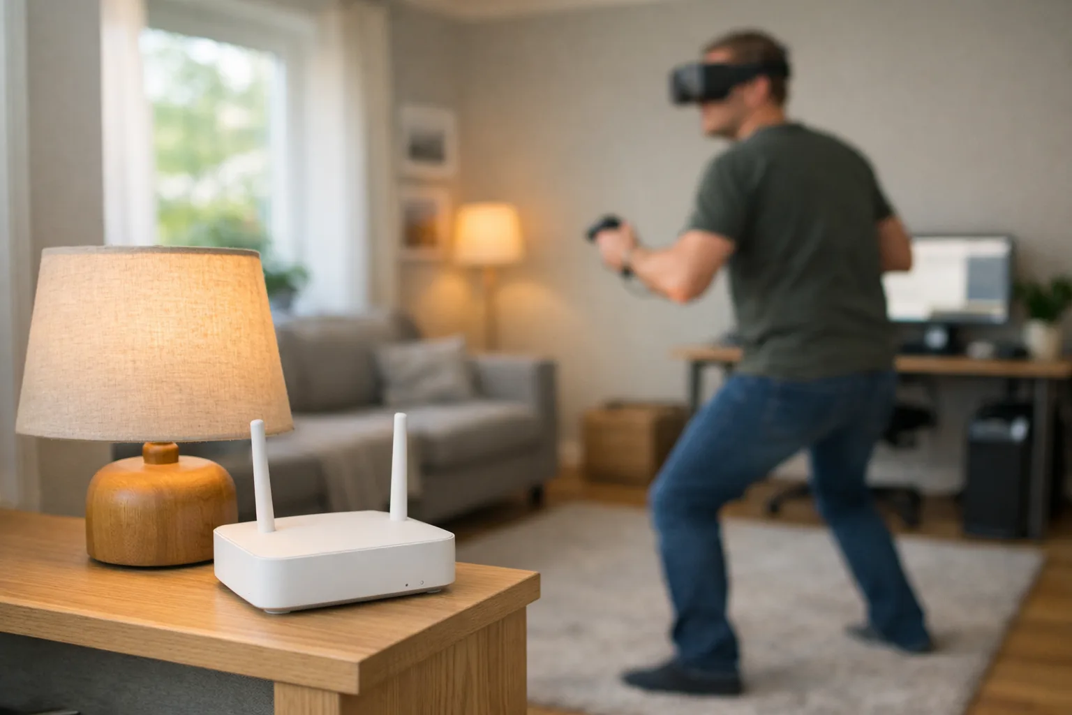 Person med trådlöst VR-headset i ett vardagsrum med router på en hylla.