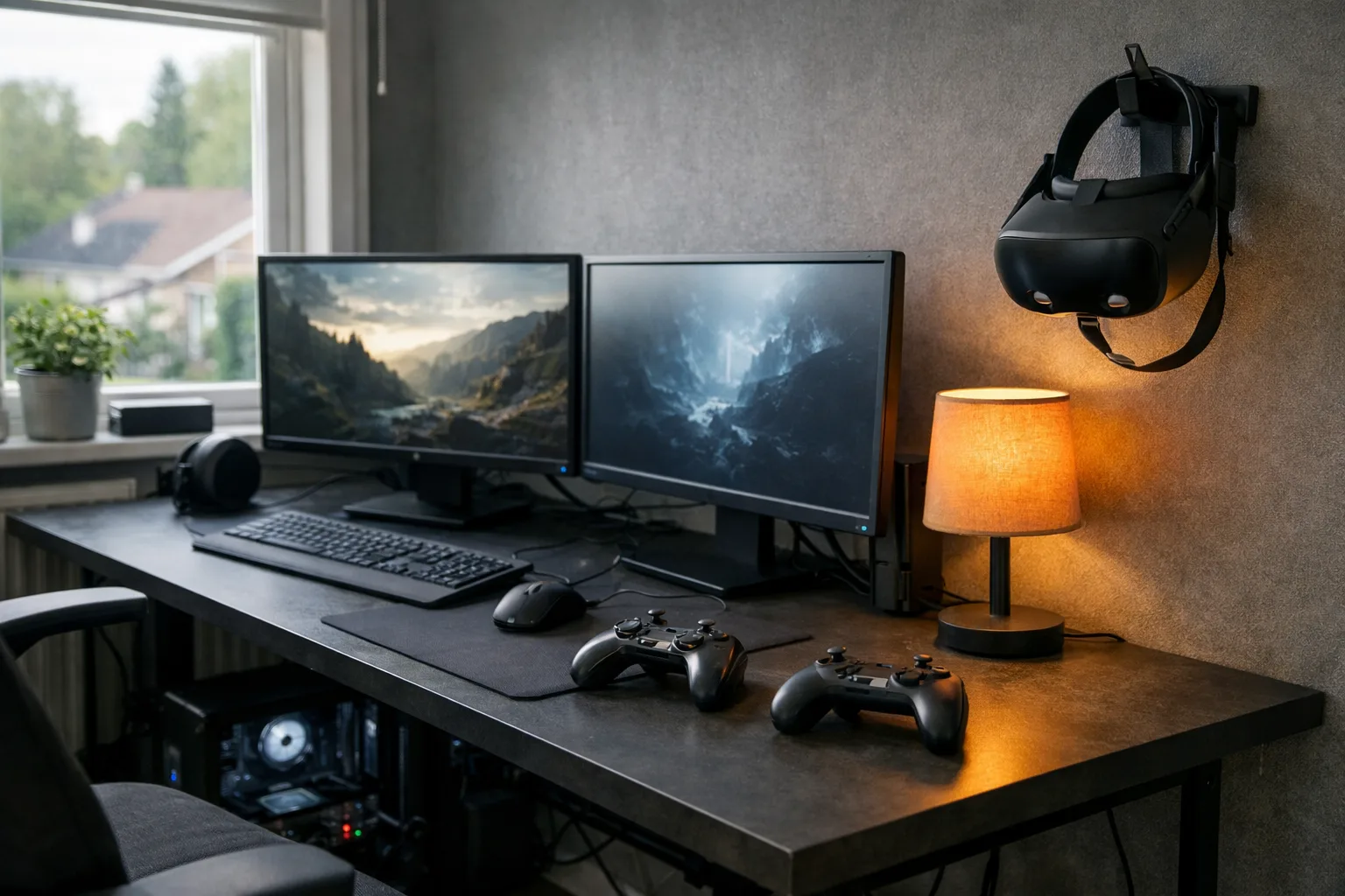 Ett VR-headset på en hängare vid ett gamingskrivbord med dator och två skärmar.