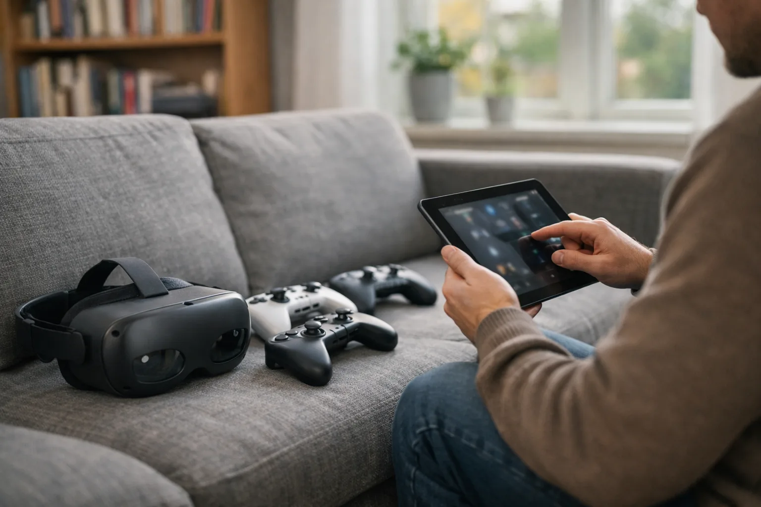 VR-headset och handkontroller på en soffa medan en person bläddrar på en surfplatta.