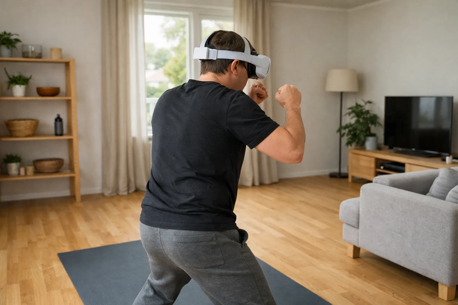 Person bakifrån som tränar med VR-headset i ett vardagsrum med fri golvyta.
