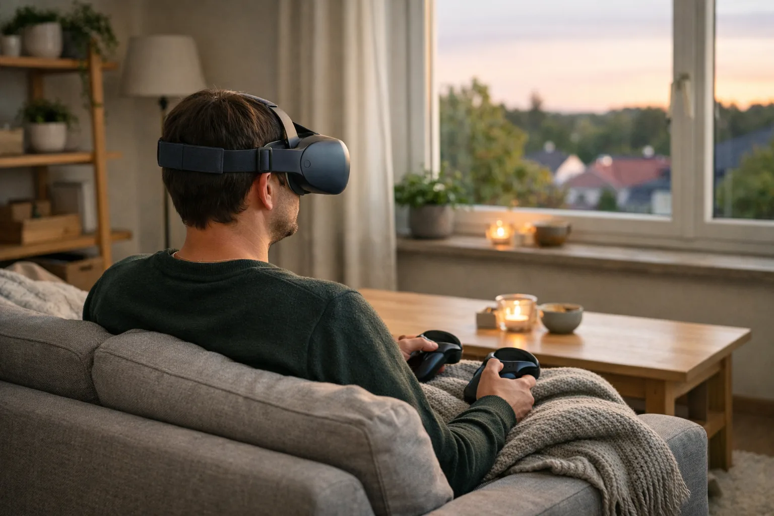 Person i en soffa med VR-headset utan kablar och utan dator.