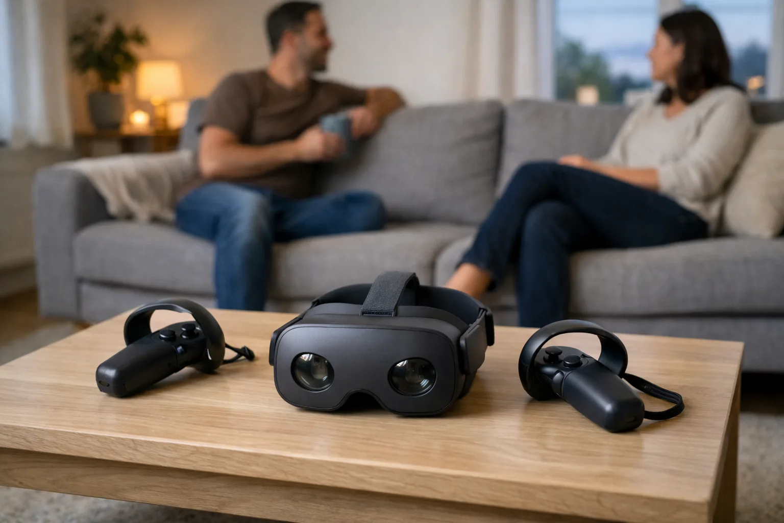 Ett VR-headset och två handkontroller på ett soffbord i ett vardagsrum med fri golvyta.