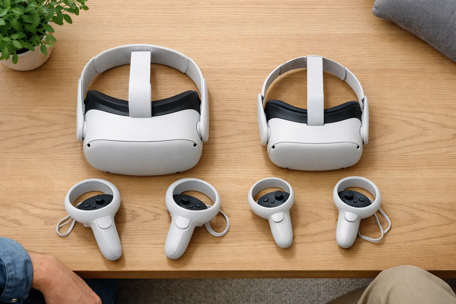 Två VR-headset med handkontroller sida vid sida på ett träbord.