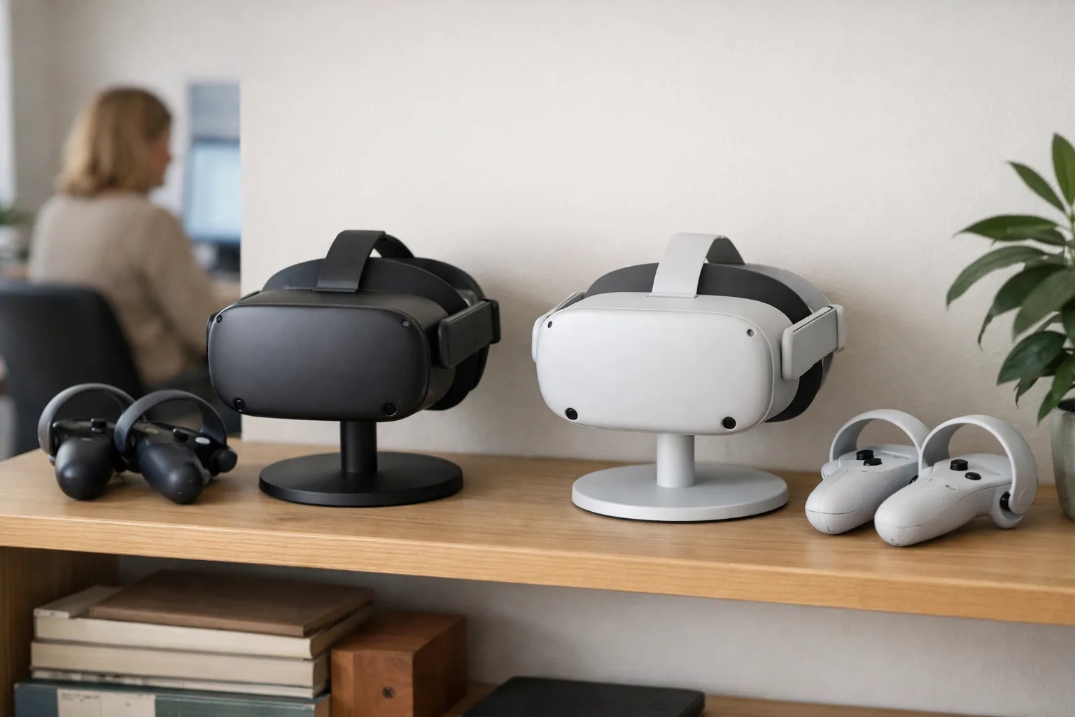 Två VR-headset på en hylla i ett arbetsrum med handkontroller bredvid.