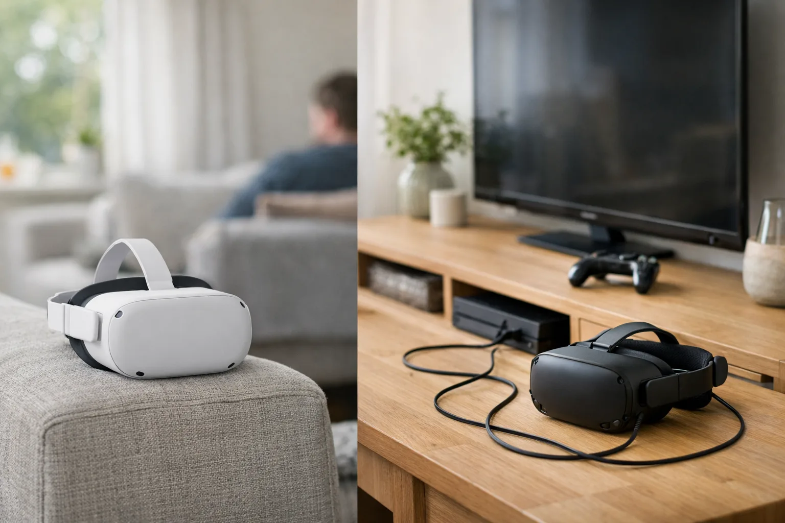 Två VR-headset i ett vardagsrum, ett på soffan och ett vid en TV-bänk med konsol.