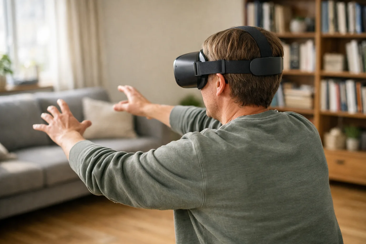 Person bakifrån med VR-headset i ett vardagsrum med fri golvyta.