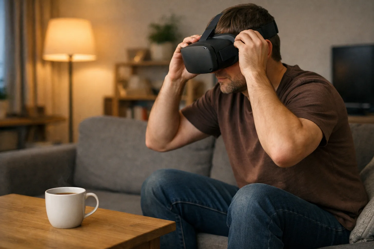 Person sitter i en soffa och justerar remmen på ett VR-headset.