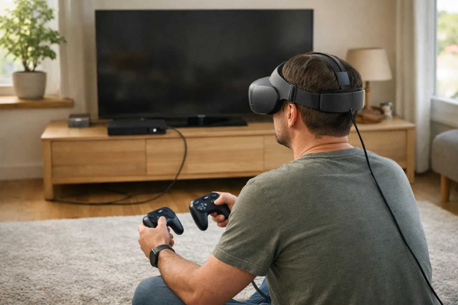 Person bakifrån med kabelanslutet VR-headset framför en TV i ett vardagsrum.