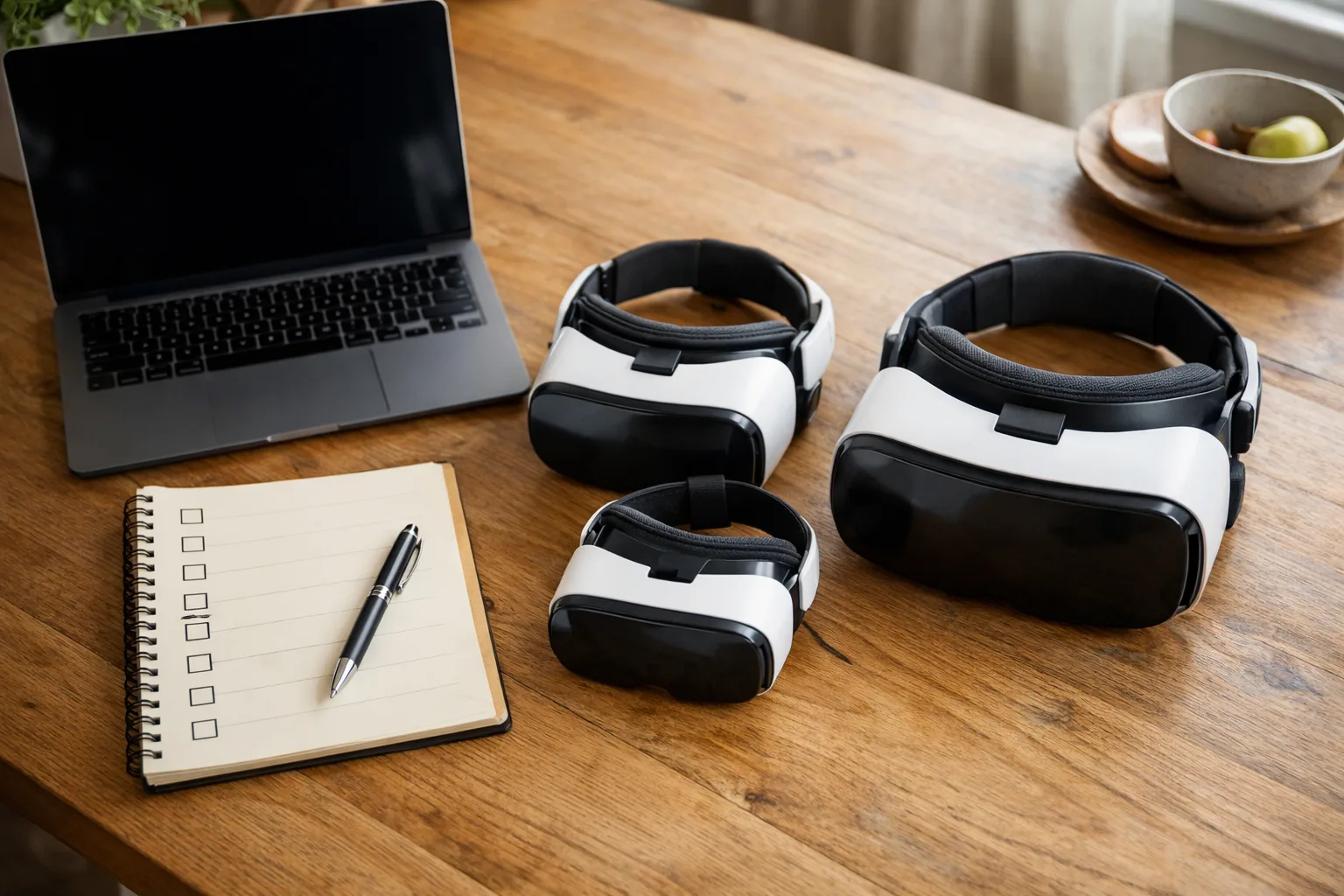 Anteckningsbok och tre VR-headset på ett köksbord inför ett val.